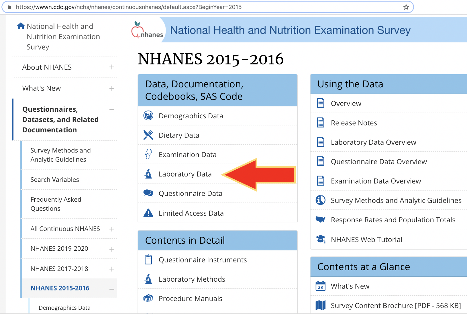 Finding NHANES 2015-2016 data.